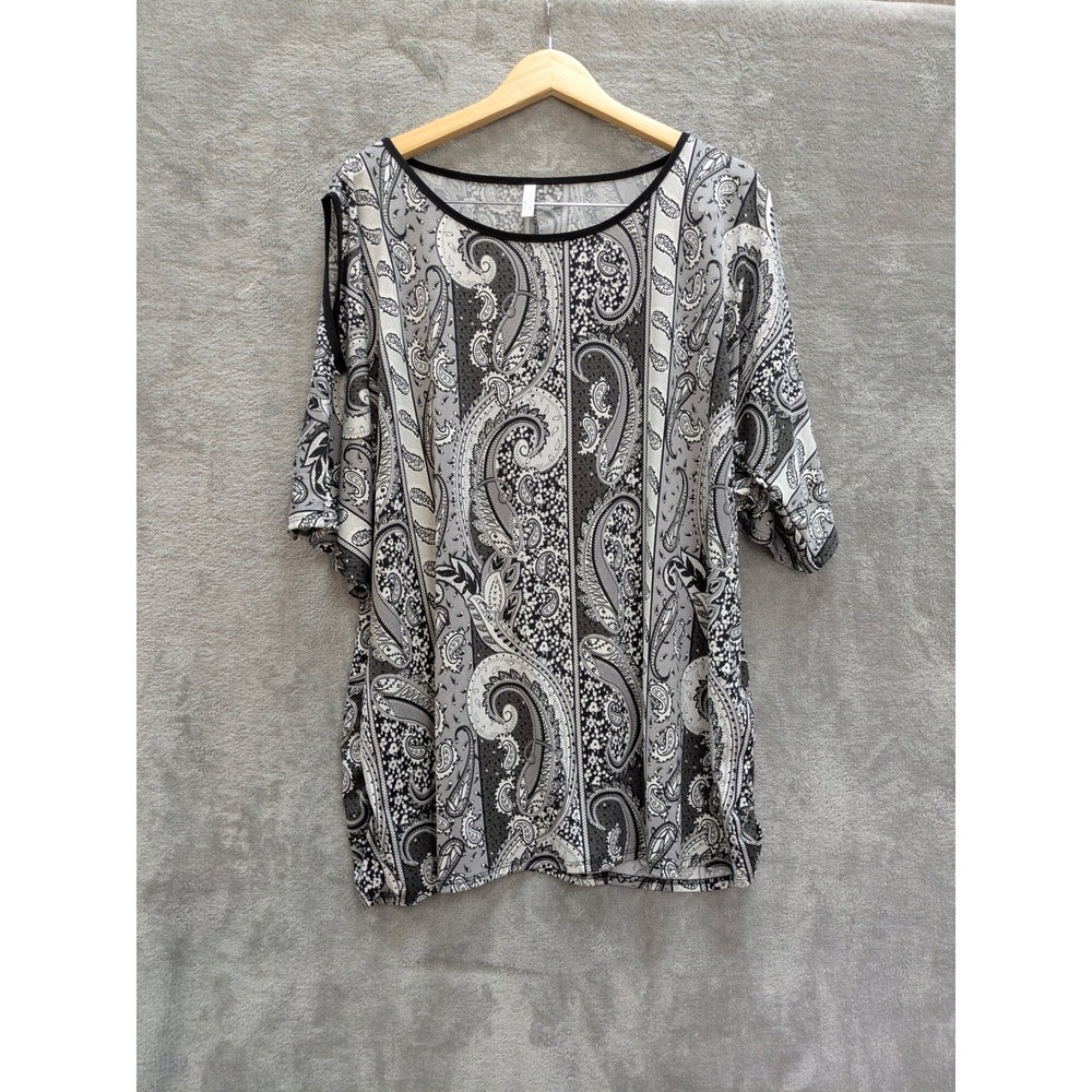 Boho Paisley Cold Shoulder Blouse Women 3XL Black White Magic Fit Top